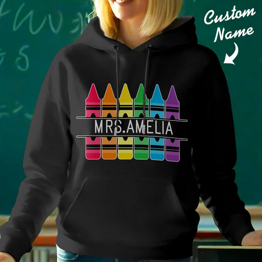 Personalised Crayon Hooded Sweatshirt Teacher Custom Name Hooded Sweatshirt Back to School Gifts