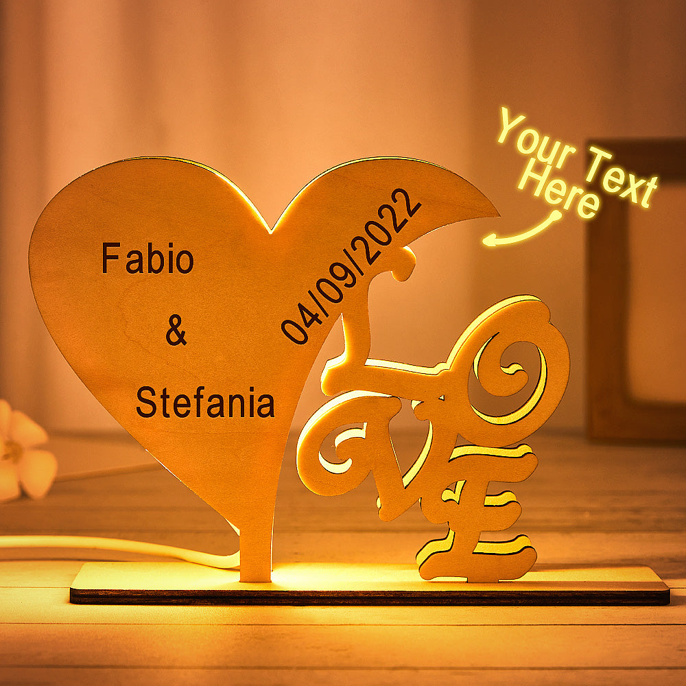 Custom Engraved Night Light Heart-shaped Love Wooden Night Light Anniversary Gift