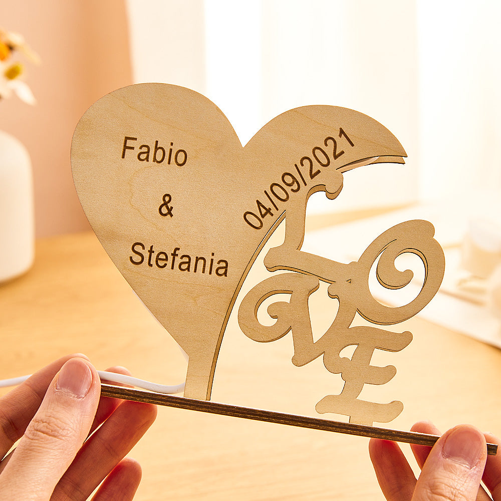 Custom Engraved Night Light Heart-shaped Love Wooden Night Light Anniversary Gift