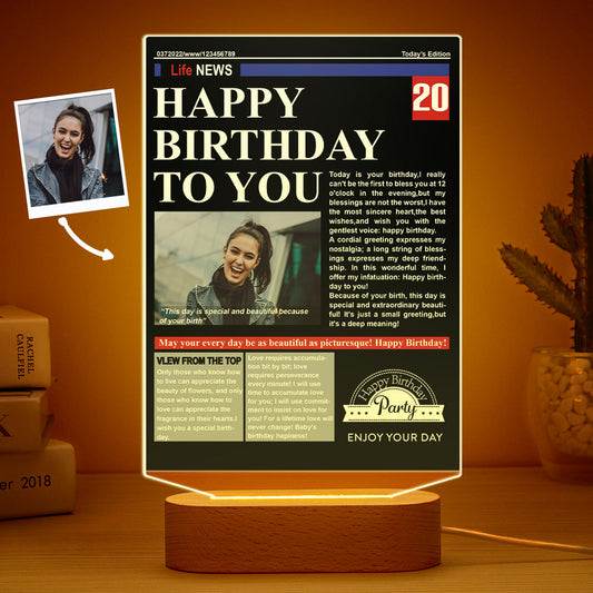 Custom Photo News On Acrylic Board Colorful Lamp Personalised Night Light Birthday Gifts