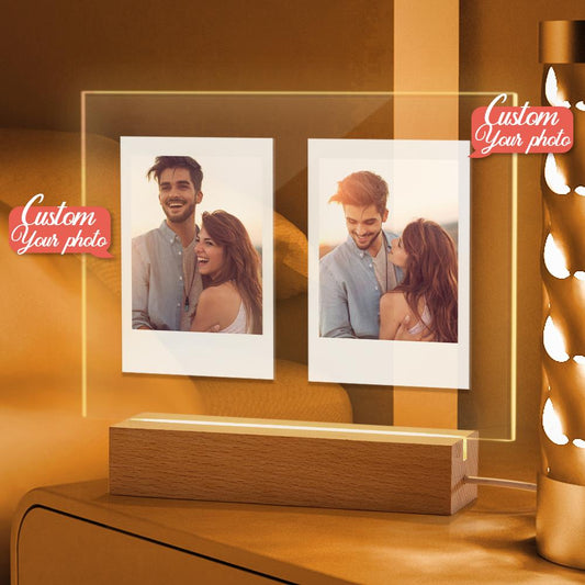 Personalised Acrylic Double Photo Lamp Yellow Warm Lights Perfect Night Light Gift for Couples On Valentine's Day