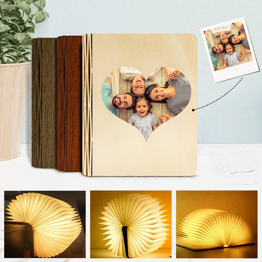 Custom Wooden Folding Book Lamp Magnetic Desk Night Light with Heart Picture