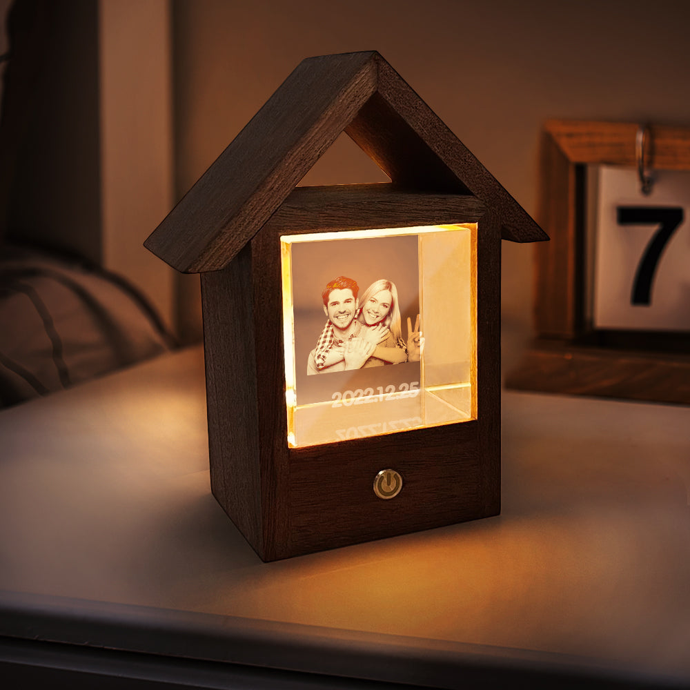 Personalised 3D Crystal Photo Lamp Wooden House Night Light