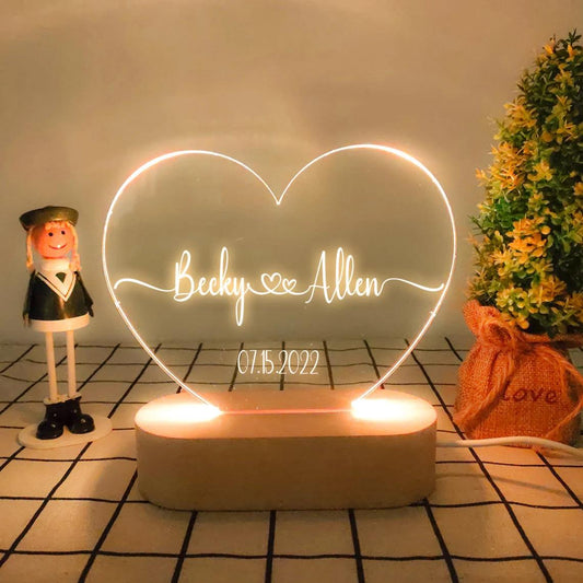 Heart Shaped Acrylic Plaque Personalised Name and Date Night Light