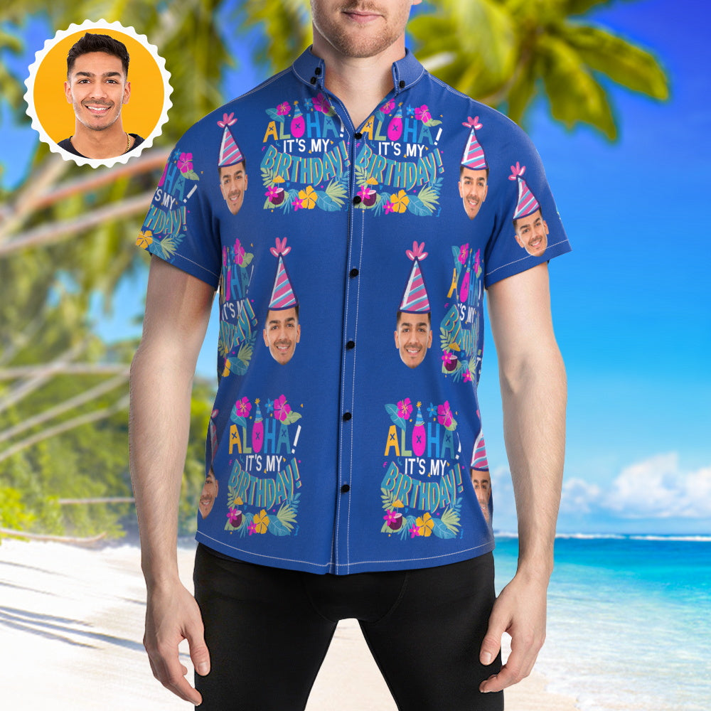 Custom Face Hawaiian Shirt Birthday Party Blue Men's Summer Shirt