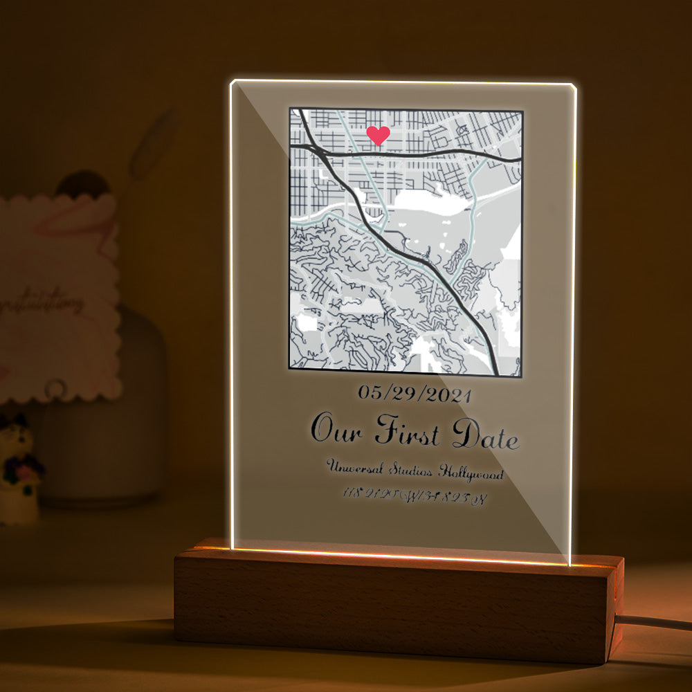 Personalised Acrylic Map Plaque Night Light with Text and Date